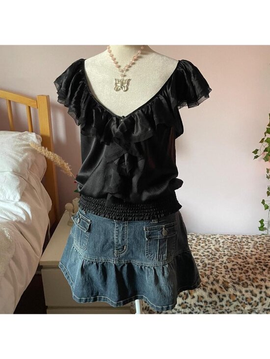 Bebe Tops - 2000s Bebe black ruffled satin blouse